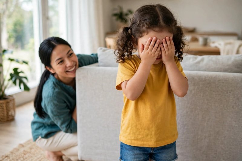 Preschooler stepping along a blank tape line on the wooden floor, her mother walking alongside