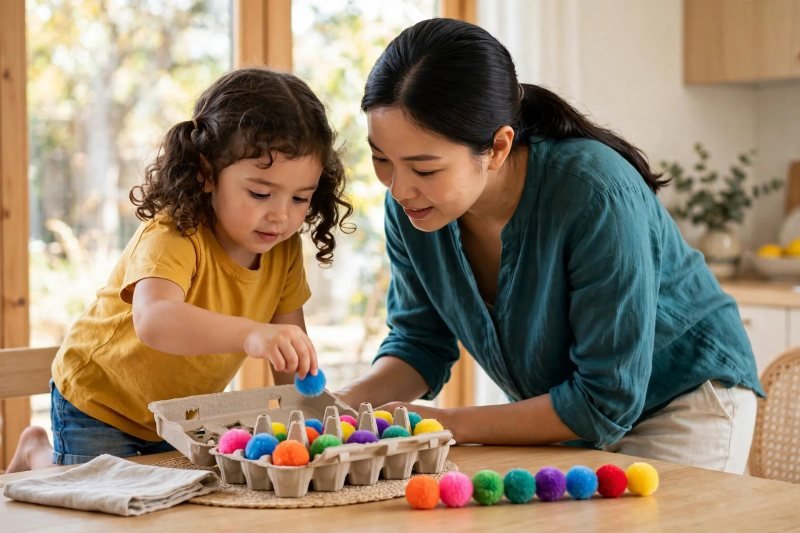 Young child touching round crackers one by one onto a white plate at the kitchen table
