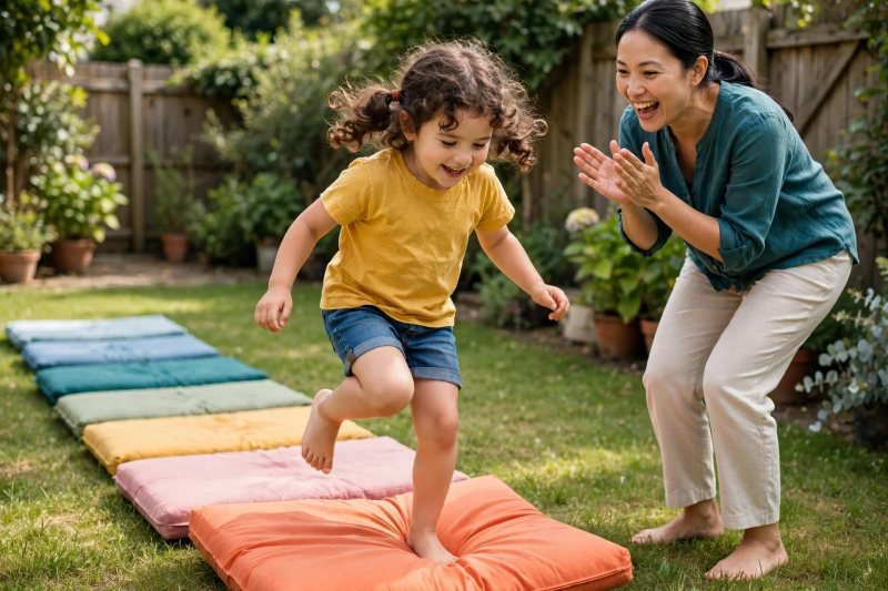 Girl dropping a pinecone into a woven basket of nature treasures, her mother holding it