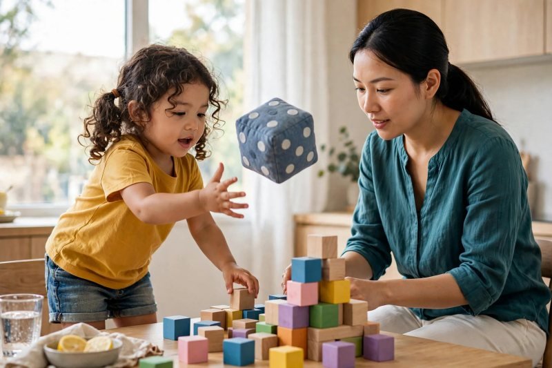 Focused child clipping wooden clothespins onto yarn strung between two chairs, mother demonstrating