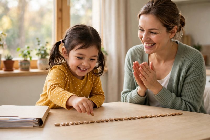 Parent and child counting to 20 together with dried bean counters