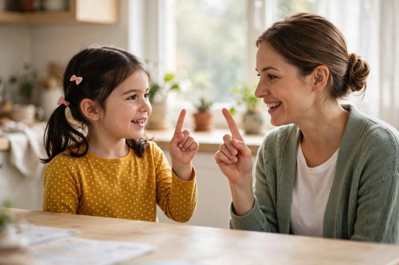 Child warming up by counting fingers aloud with a parent