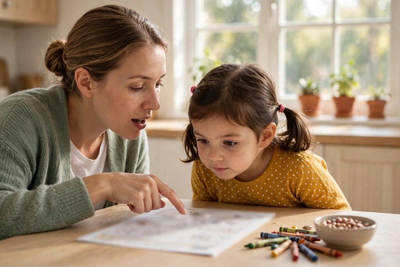 Parent reading a worksheet instruction line aloud with her kindergartener