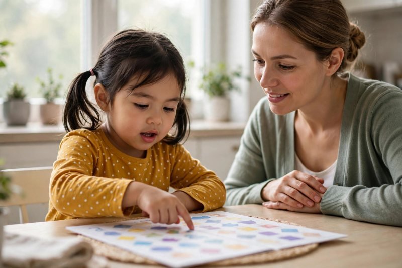 Child touching each object once while counting aloud on a worksheet