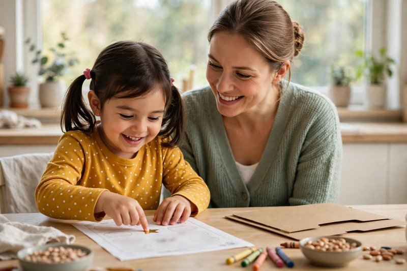 Parent and child checking worksheet answers together with stickers