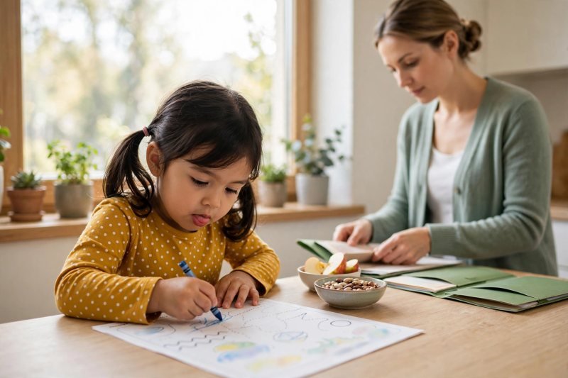 Kindergartener working on a dot-to-dot turtle worksheet