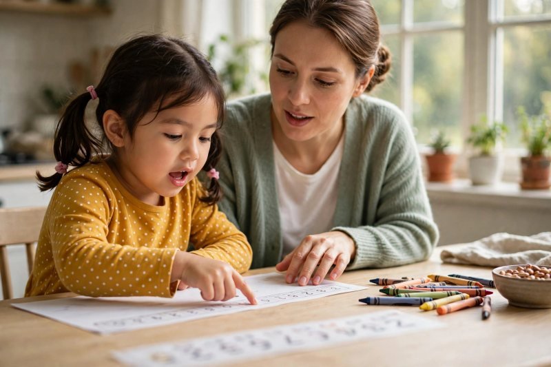 Child counting on from 12 while working a teen-number worksheet