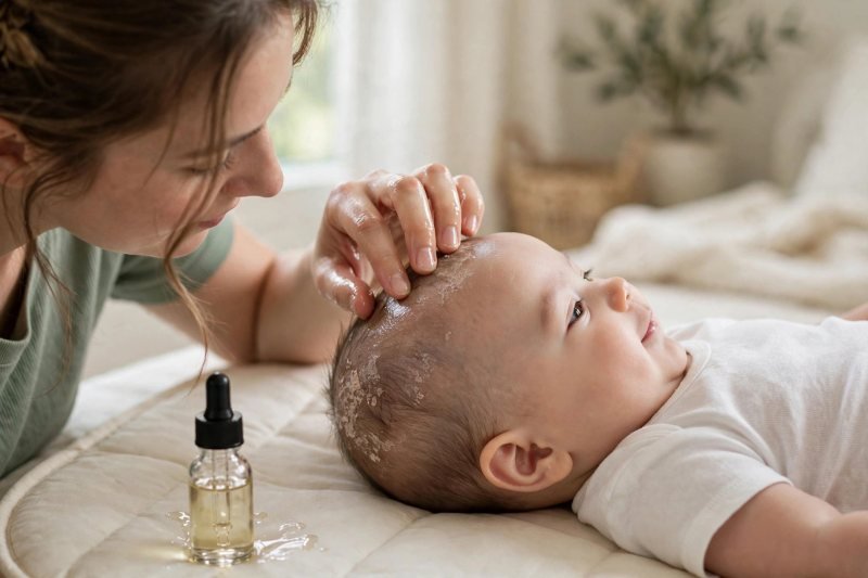 A mother massages oil onto her baby's flaky scalp patches with her fingertips.