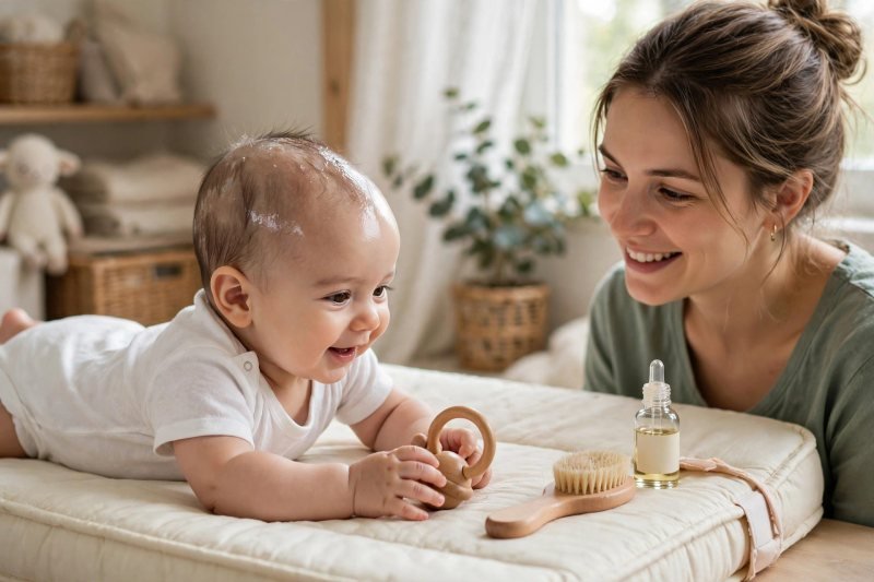 A baby with oiled scalp plays with a wooden rattle during tummy time.