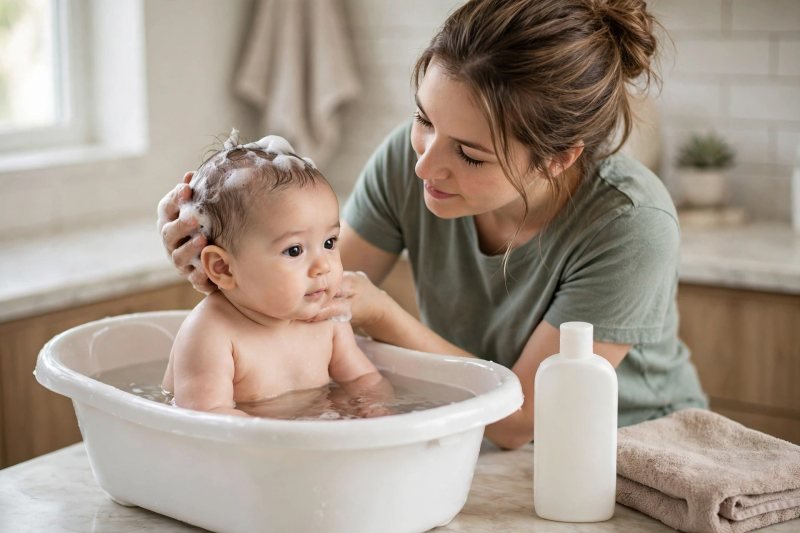 A mother lathers mild shampoo on her baby's head in a small bath tub.