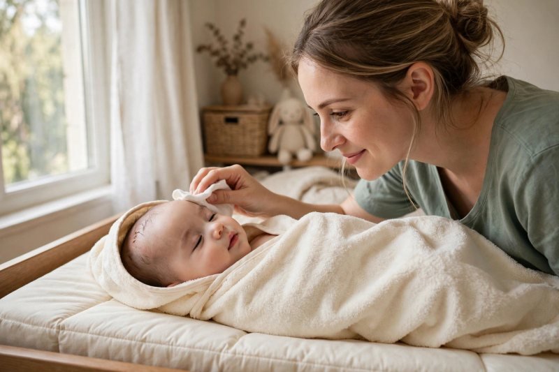 A mother pats her towel-wrapped baby's scalp dry with a soft cloth.
