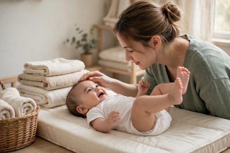 A mother smooths her baby's fine hair on a calm, product-free day.