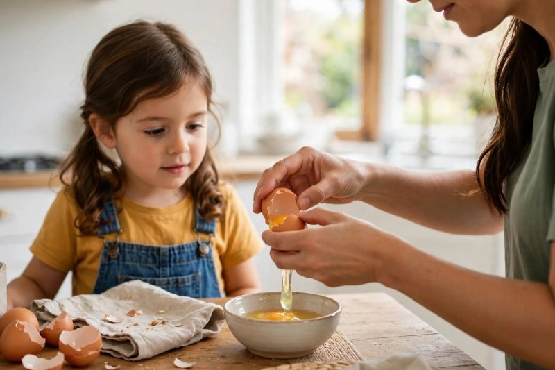 Mum cracks an egg over a bowl while young Mila watches at the kitchen table