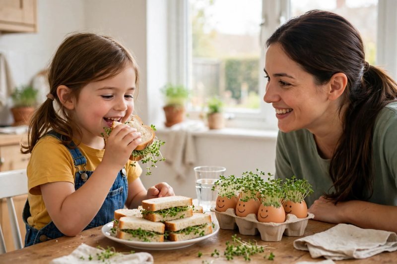 Mila eats an egg-and-cress sandwich beside the trimmed cress heads