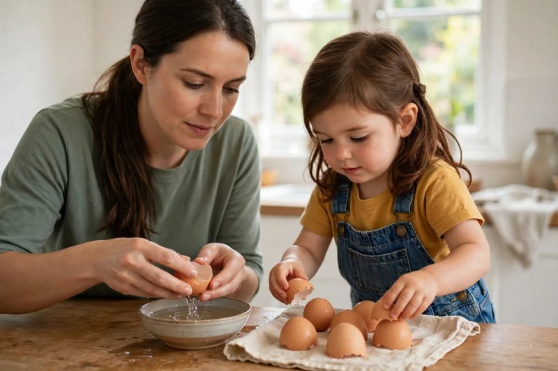 Mum rinses an eggshell half in warm water while shells dry on a tea towel