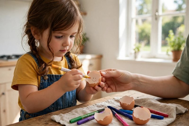 Mila draws a smiley face on an eggshell while mum steadies it