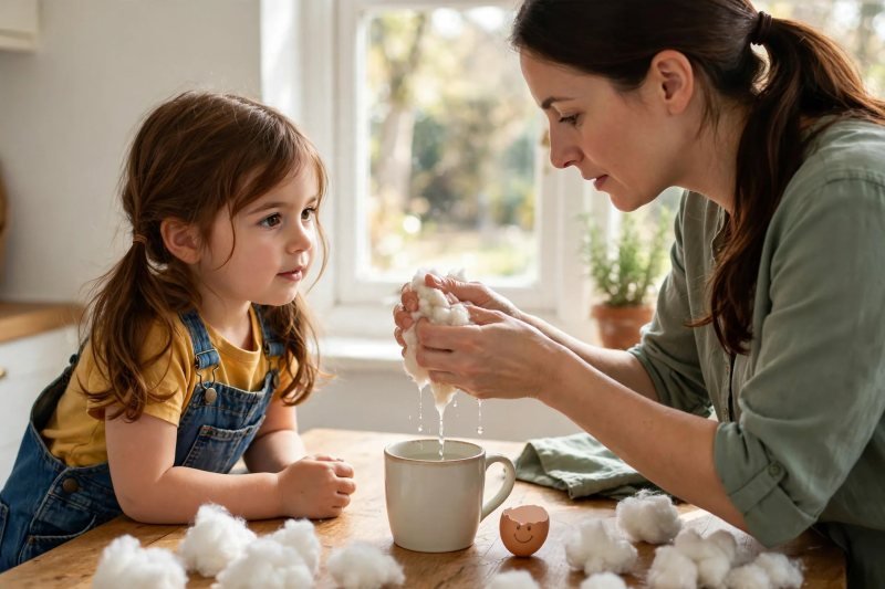 Mum squeezes water from soaked cotton wool over a mug as Mila watches