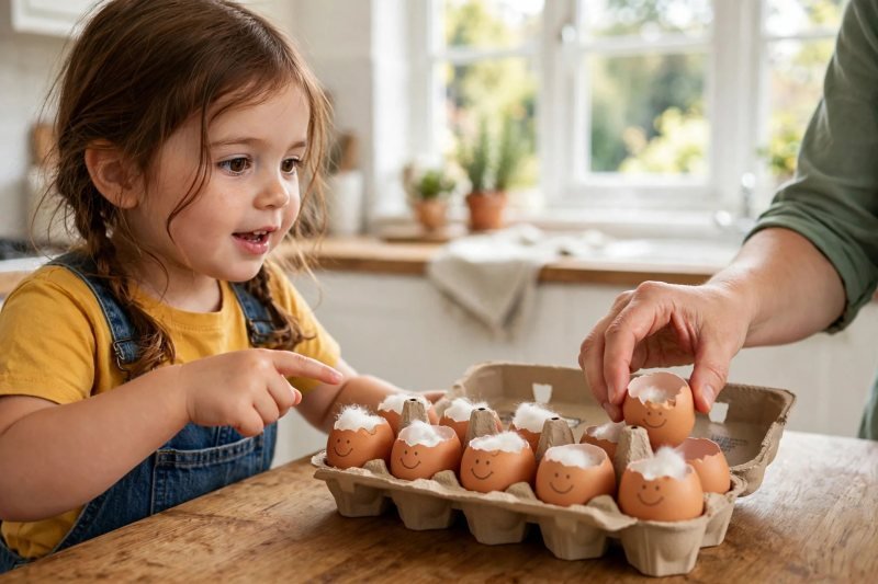 Decorated smiley eggshells with damp cotton wool lined up in an egg box