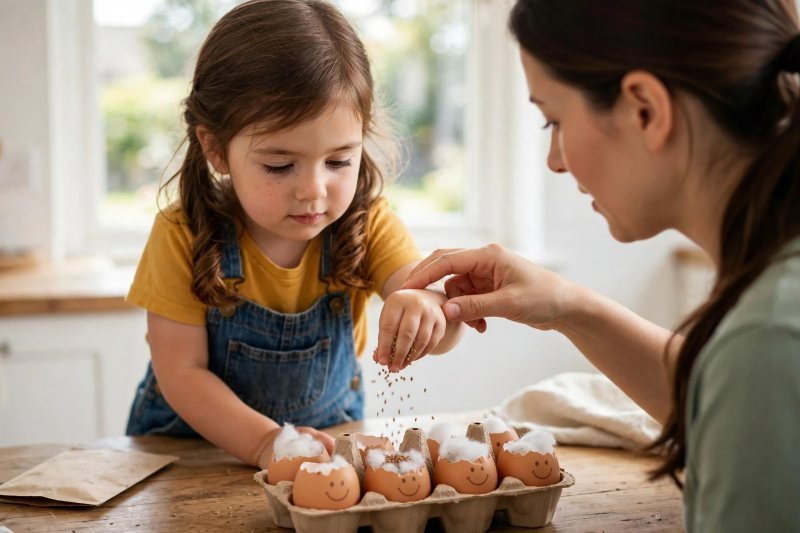 Mila sprinkles cress seeds over cotton wool in the shells while mum guides her