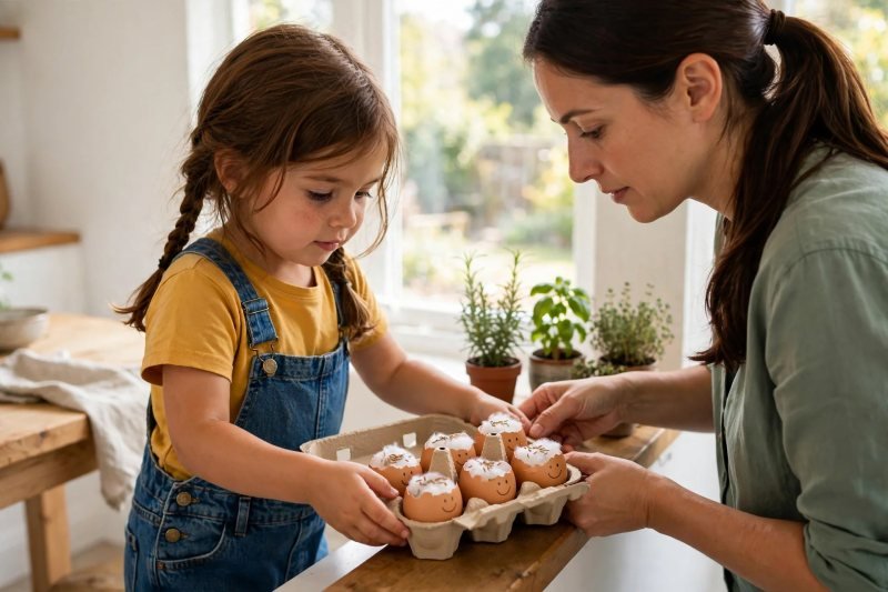 Mila and mum carry the seeded eggshell heads to the sunny windowsill