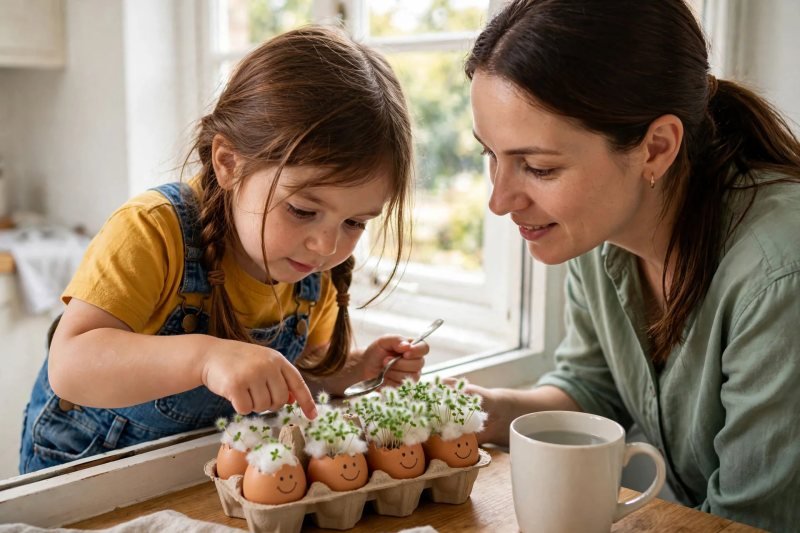 Mila presses a finger onto the cotton wool, checking sprouts with a teaspoon