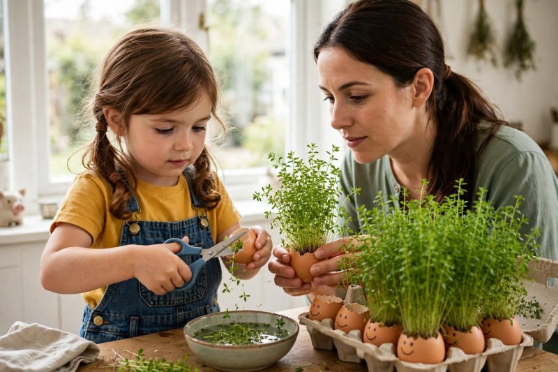 Mila snips tall green cress with safety scissors while mum steadies the shell