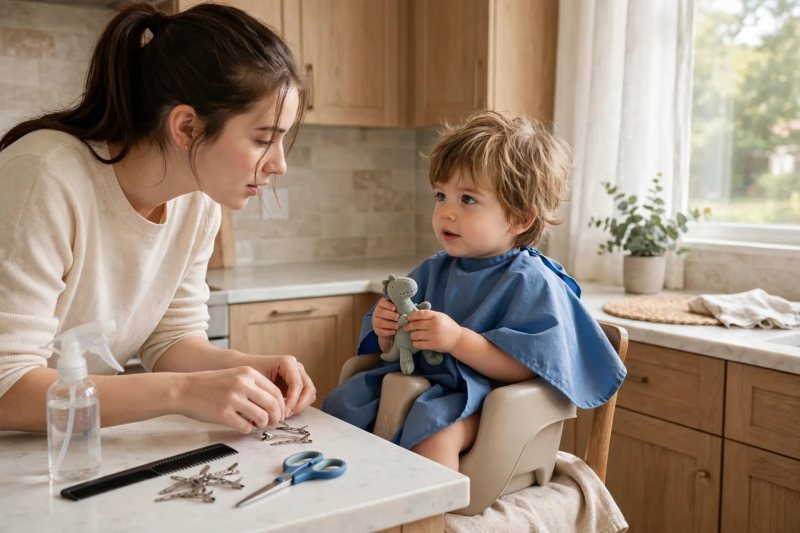 Mother laying out comb, spray bottle, clips and scissors beside seated toddler