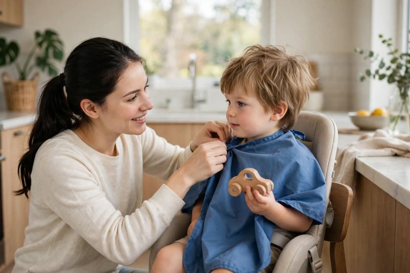 Mother fastening a blue haircut cape around a toddler holding a toy