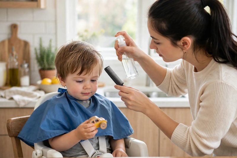 Mother misting toddler hair with spray bottle while holding a comb
