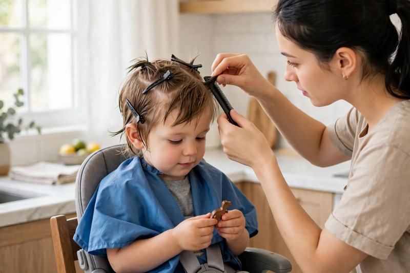 Mother clipping toddler damp hair into small sections with hair clips