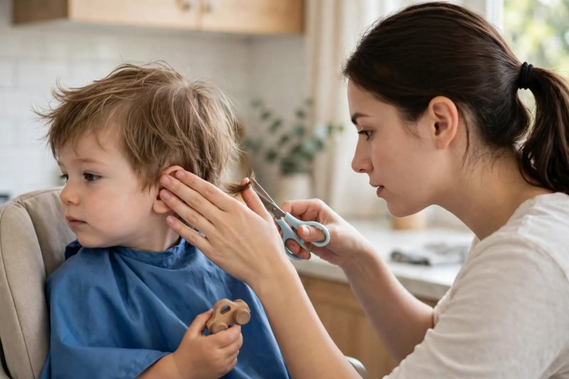 Mother guarding toddler ear with fingers while snipping small side section