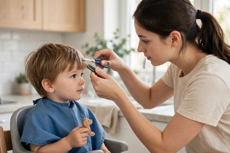 Mother trimming toddler fringe above eyebrows with blunt-tip scissors carefully