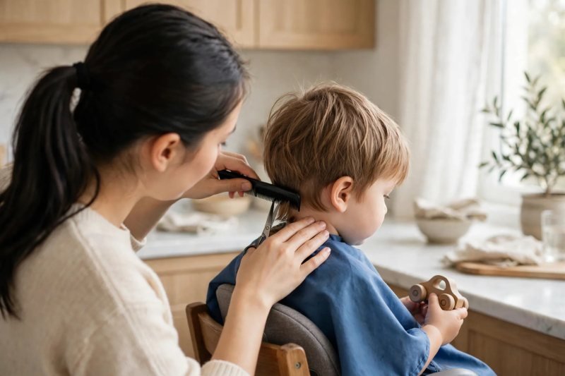 Mother trimming back of toddler hair while guarding neck with fingers