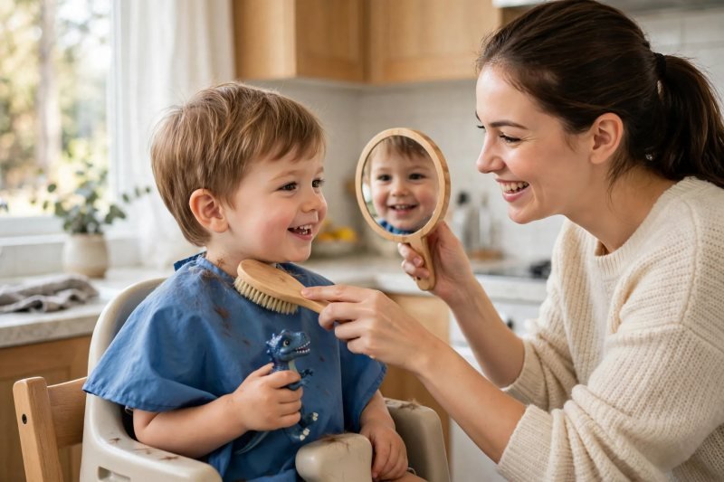 Mother brushing clippings off smiling toddler while holding up a mirror