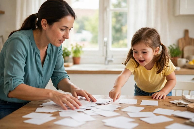 Mother spreading blank word cards as her daughter points eagerly at the kitchen table