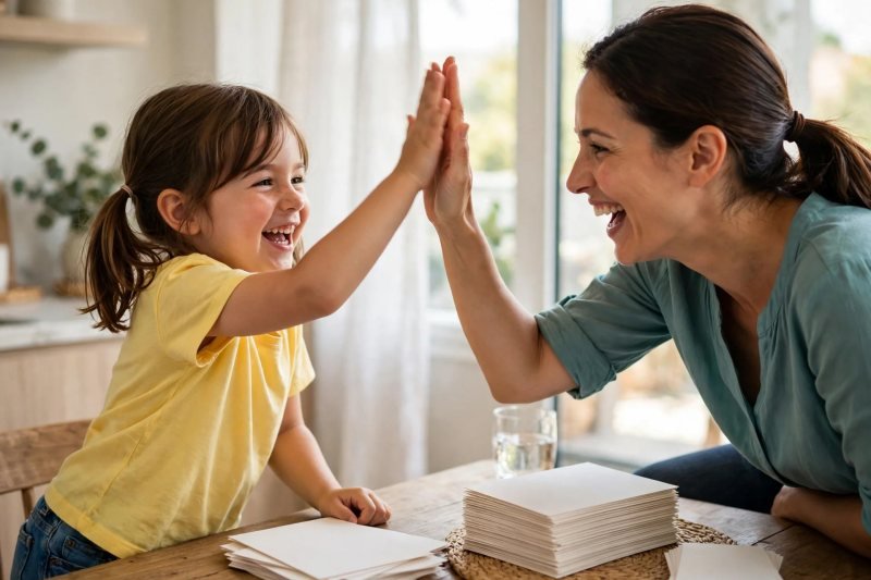 Mother and daughter high-fiving joyfully over their finished card stack at home