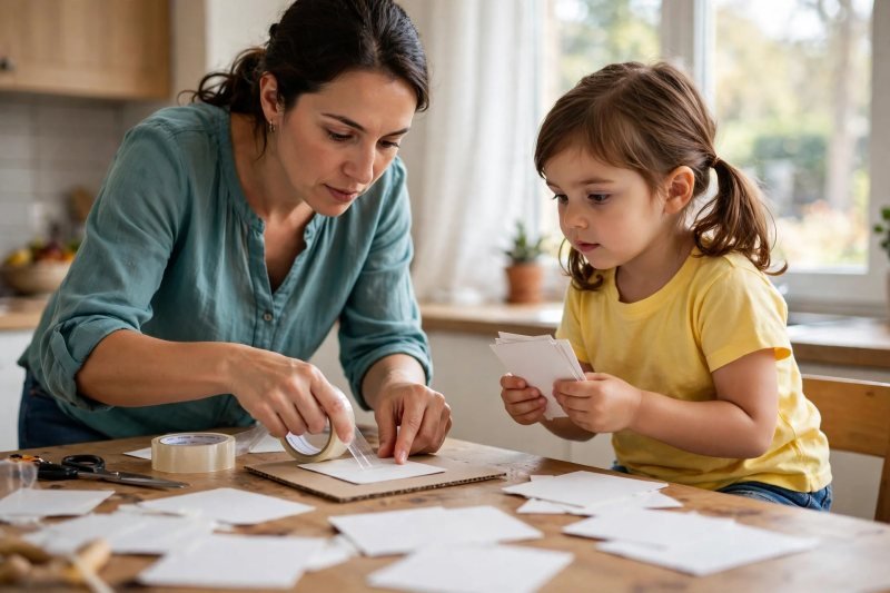 Mother taping a card to cardboard while her daughter holds the card stack