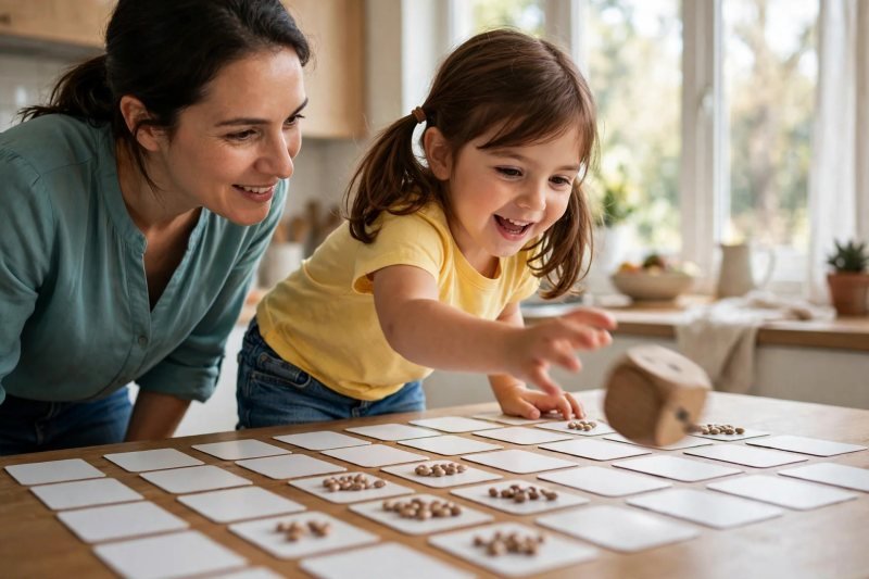 Girl rolling a die mid-toss over card rows with beans on finished CVC rows
