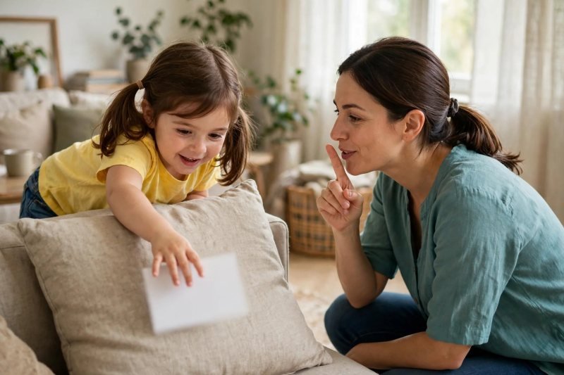 Girl reaching behind a couch cushion for a hidden card as her mother clues
