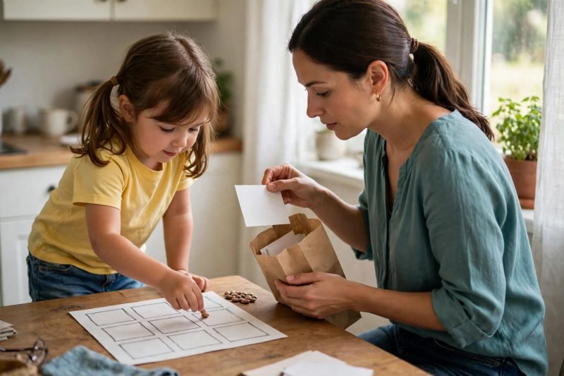 Girl placing a bean token on a 3x3 bingo grid as her mother draws a card