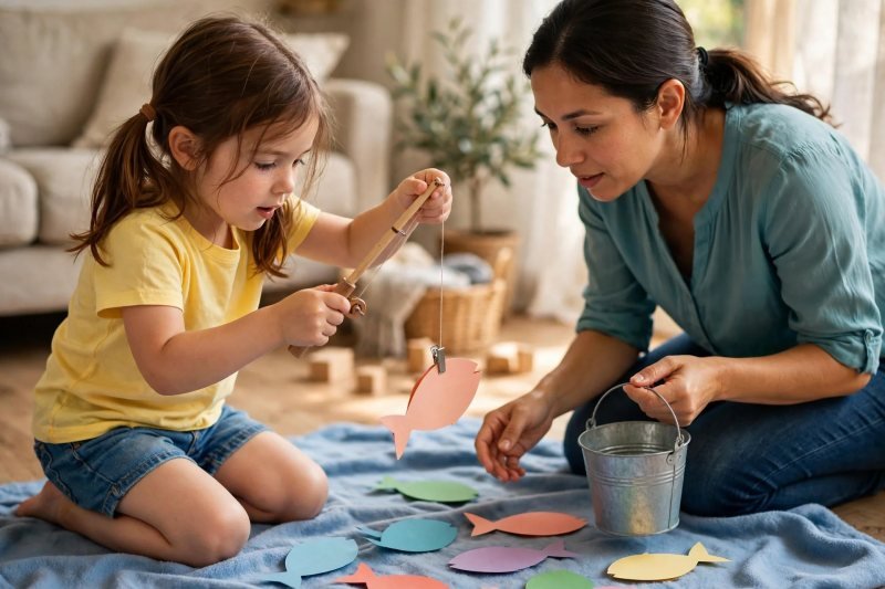 Girl lifting a paper fish with a toy rod as her mother holds the bucket