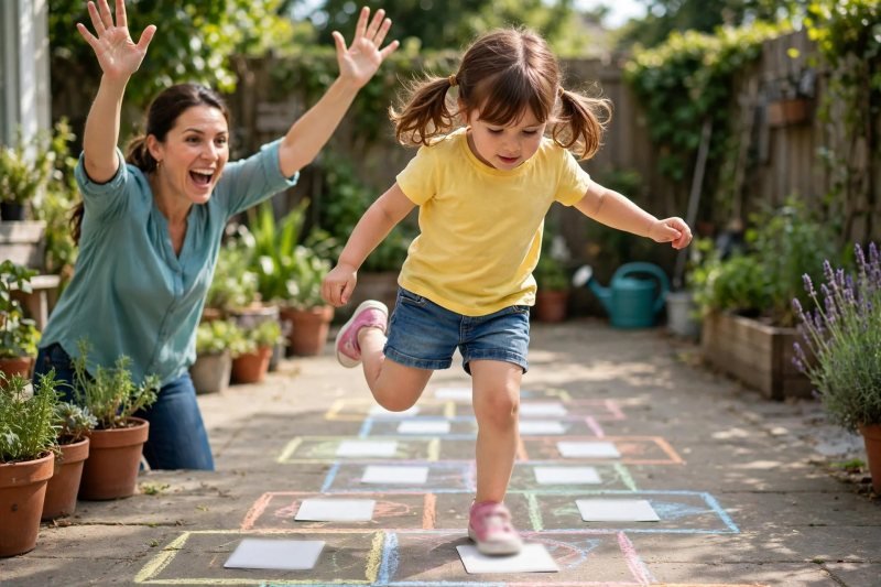 Girl hopping on chalk squares with cards as her mother cheers in the garden