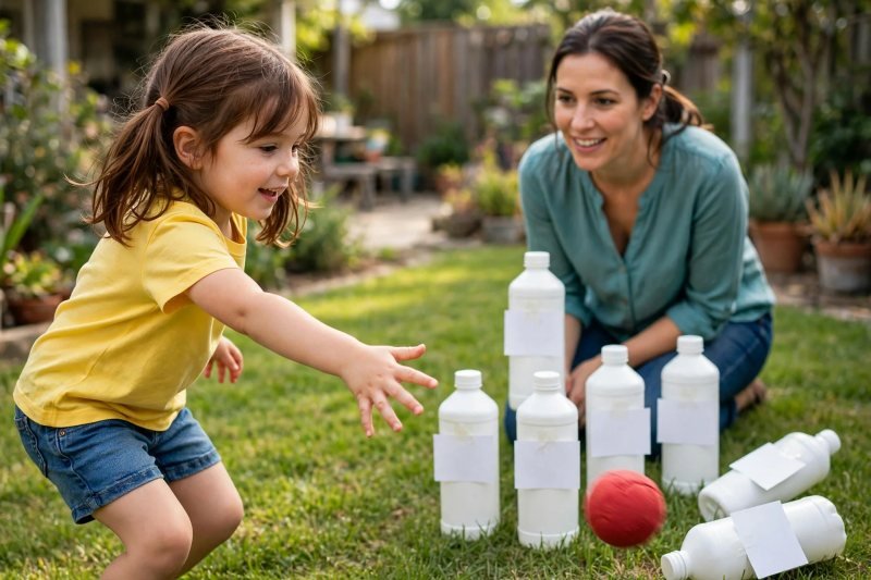 Soft ball toppling bottled word cards as a girl and mother play lawn bowling