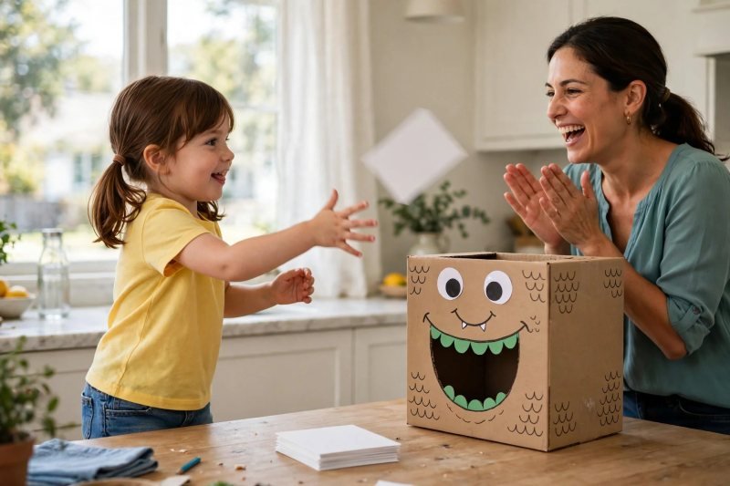 Girl tossing a card into a cardboard monster box as her mother claps