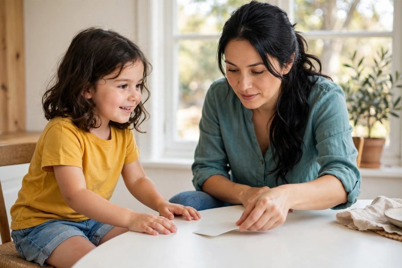Mother lays down the first blank word card as her daughter watches at the window table