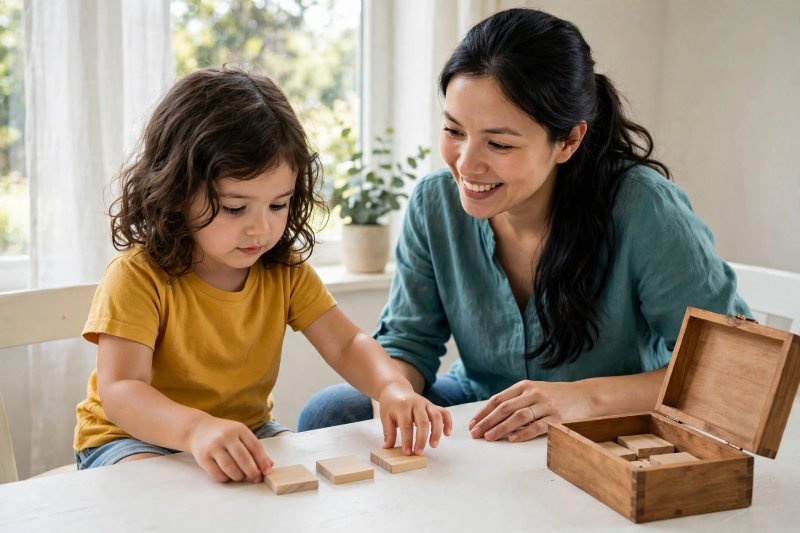 Preschooler arranges blank wooden letter tiles into a word as mother smiles