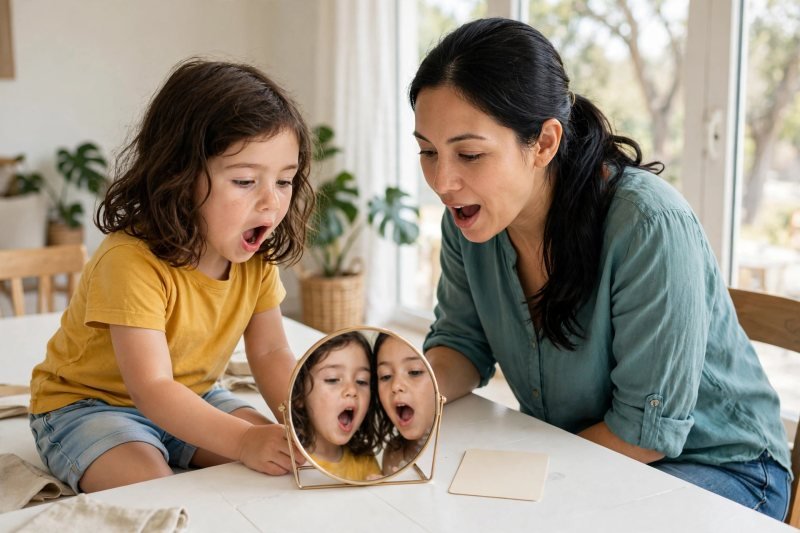Mother and daughter practice wide-open vowel sounds together using a small hand mirror