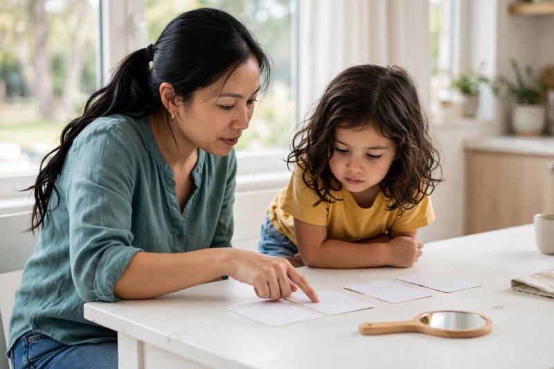 Parent slides a finger under three blank word cards while her daughter follows along