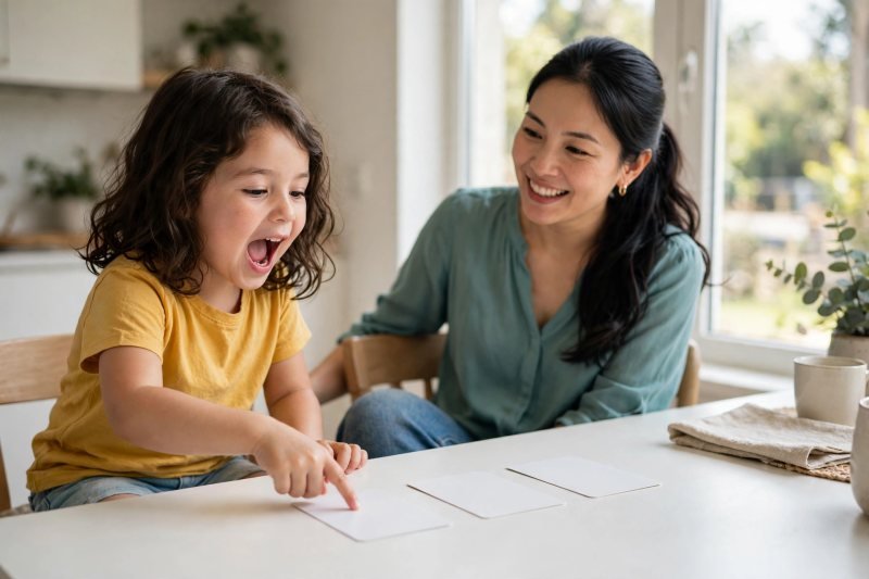 Little girl points under blank word cards herself, mouth stretched wide sounding out