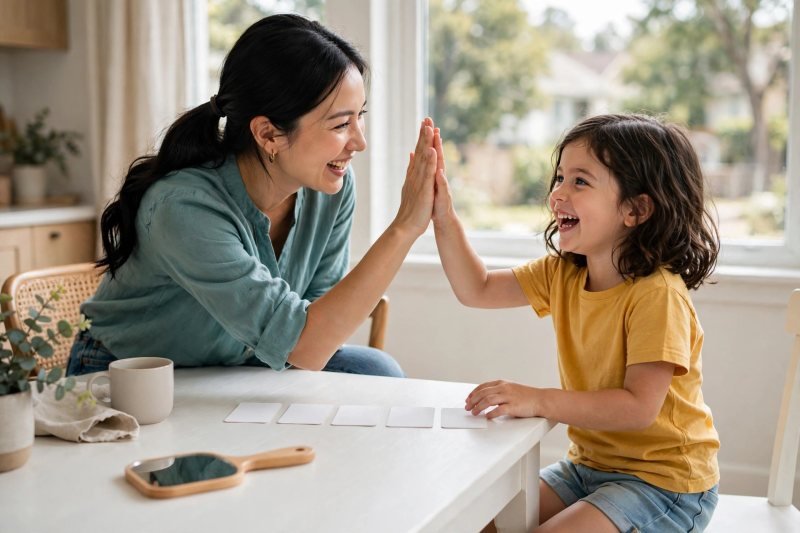 Mother and daughter share a joyful high-five celebrating her first blended word